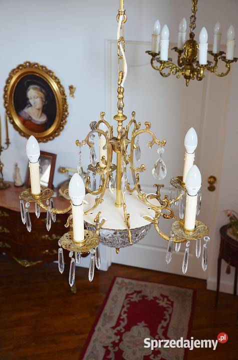 żyrandol stylowy złoty mosiądz kryształki stary Kalisz