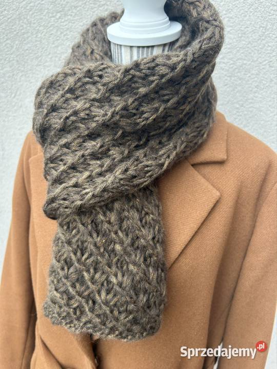 Szal damski brązowy ze złotą nicią handmade Olsztyn