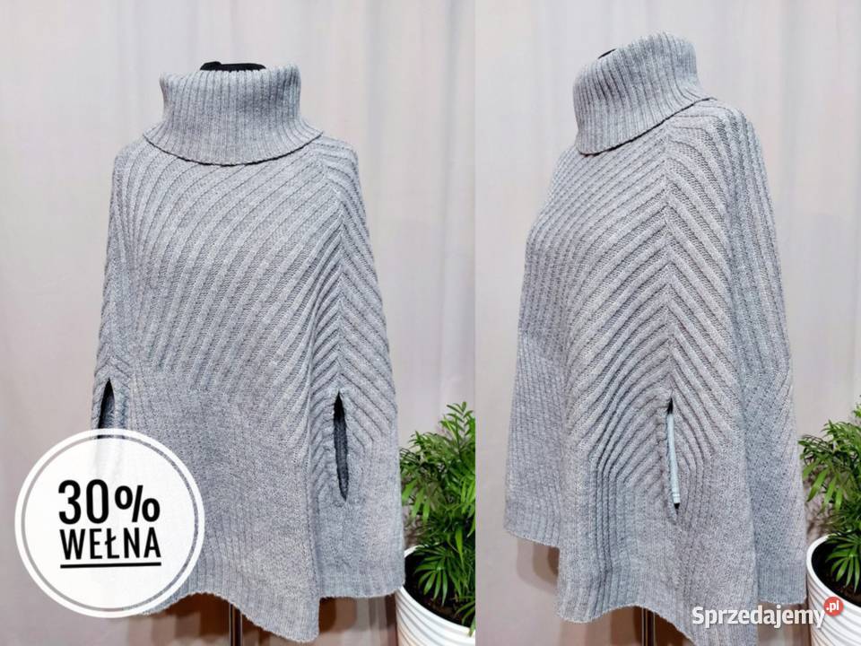 Szare ponczo peleryna z golfem krótkie 30 wełna Złoczew