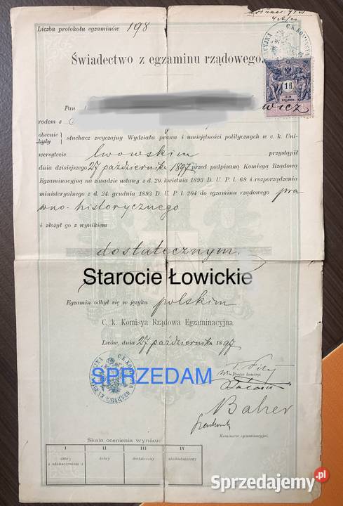 Świadectwo z egzaminu rządowego Lwów 1897 Antyki, Sztuka, Kolekcje Łowicz