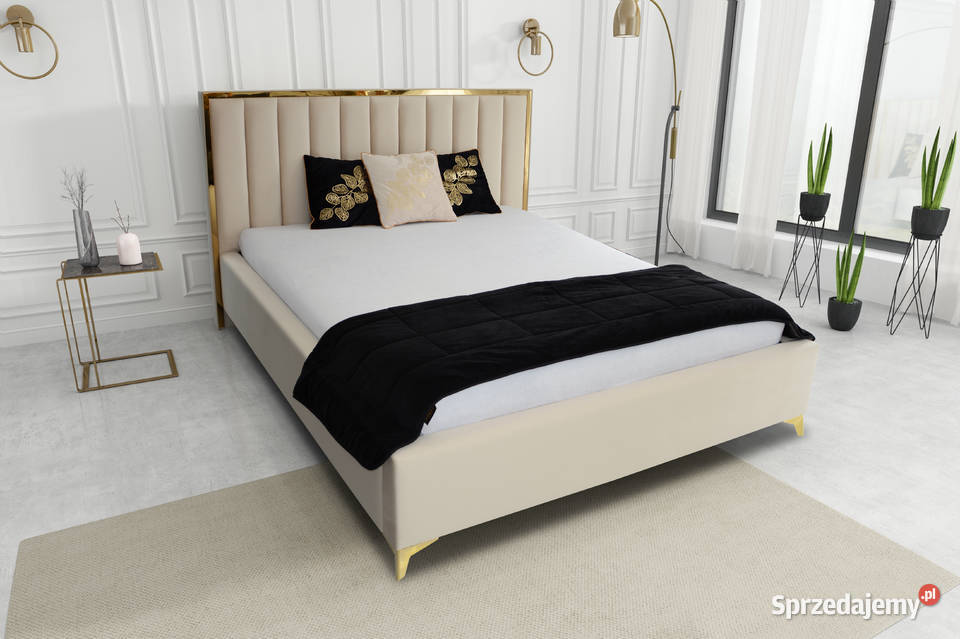 Łóżko z pojemnikiem złote jasne beżowe 160x200