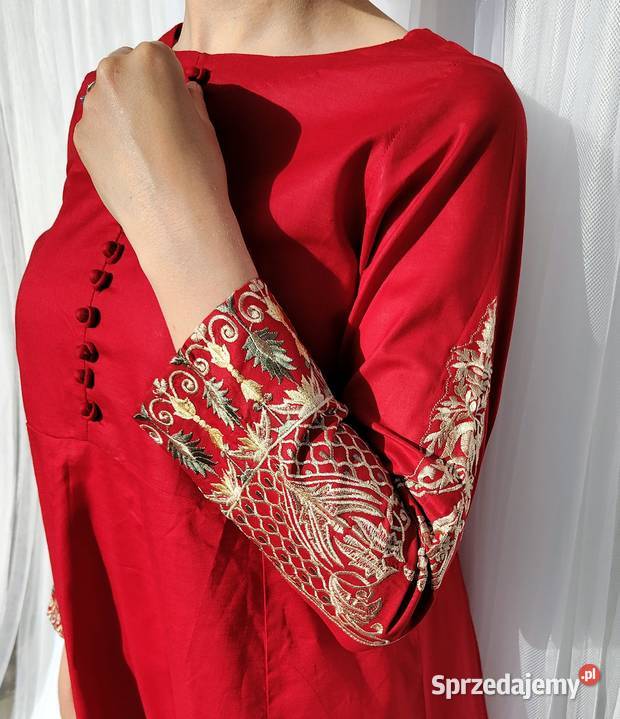 Orientalna tunika sukienka czerwona S 36 bawełna Rozkloszowana