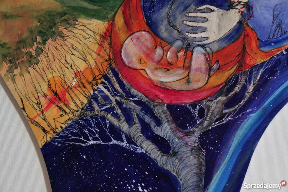 Duży anioł malowany akrylami na drewnie ANIOŁ Katowice