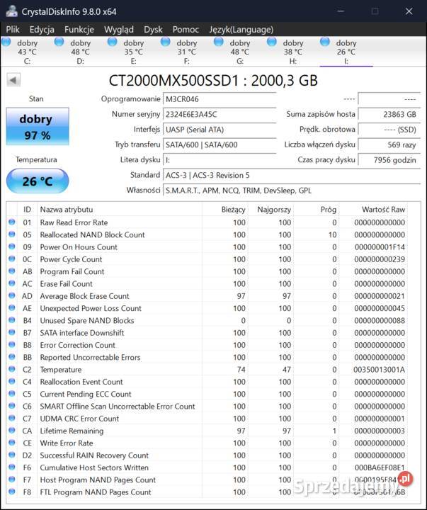 Dysk SSD 2TB 25 SATA Crucial MX500 Stan Idealny