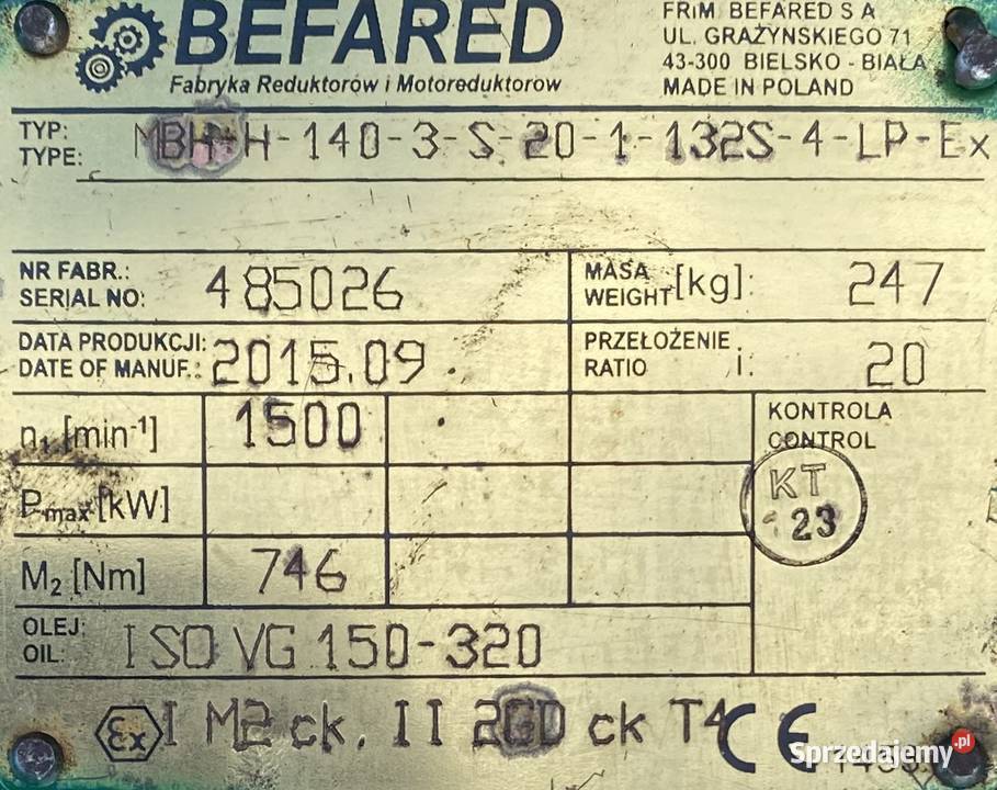 motoreduktor przekładnia 55kW 72obr Pigża