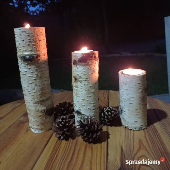 Sprzedam trzy świeczniki naturalne drewno Konin sprzedam