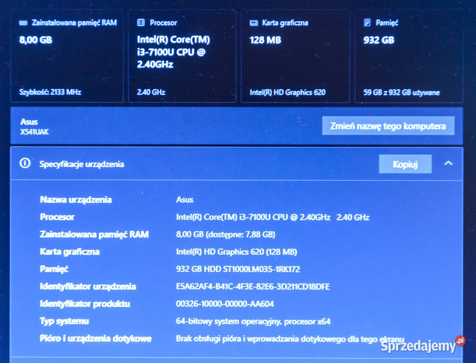 Laptop ASUS R541UADM1287D i37100U8GB1TBDVD FHD matowa śląskie Częstochowa