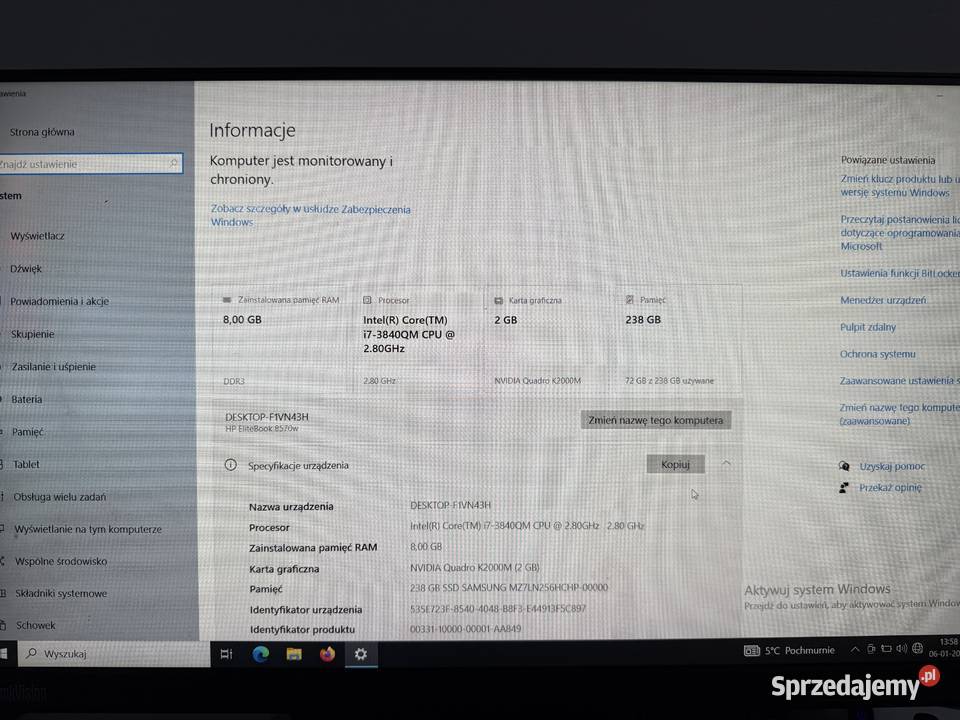 Laptop HP Elitebook 8570w 8GB RAM 256 SSD 156 Intel Core i7 mazowieckie Pruszków