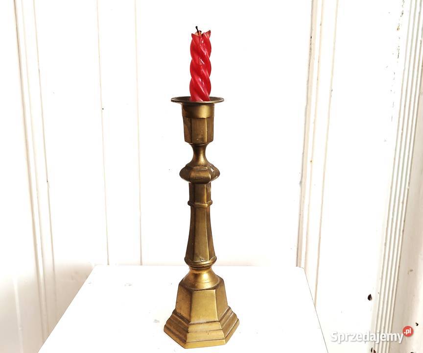 Piękny stary wysoki świecznik mosiężny lichtarz Antyki pomorskie Gdańsk