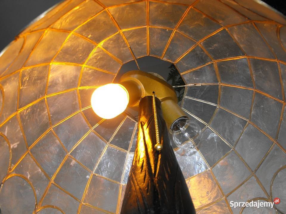 Drewniana rzeźbiona lampa witraż z masy perłowej Skierniewice