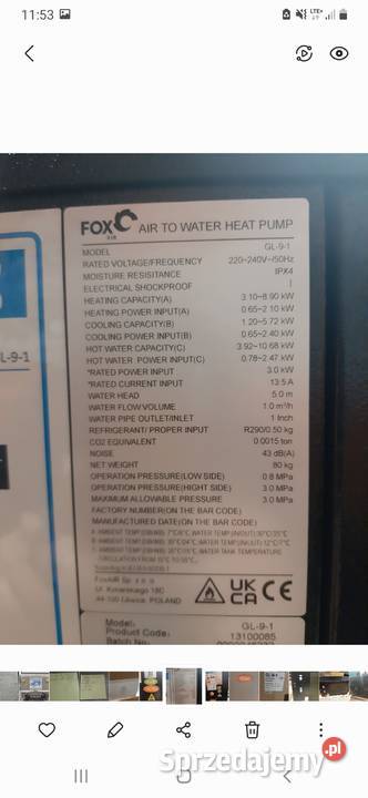 Sprzedam pompę ciepła FOX AIR GL91 śląskie Gliwice sprzedam