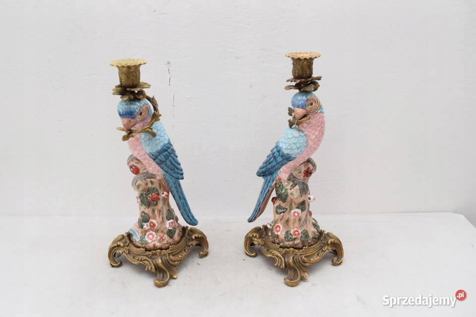 2 ŚWIECZNIKI PORCELANA BRĄZ PAPUGI OKUTE BRĄZEM Kraków
