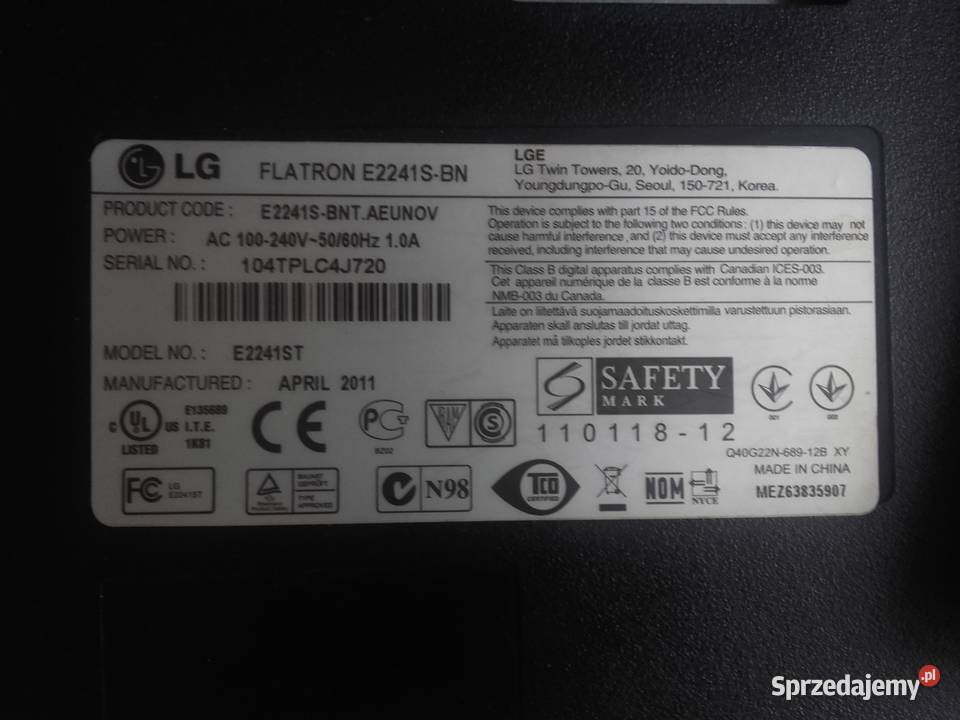 Monitor LG Flatron E2241SBN FullHD 215cala VGA z Bydgoszcz