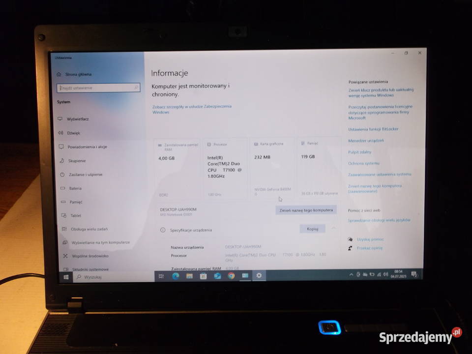 Laptop MSI EX 600 Model MS16362 Taktowanie 1800 Orzesze