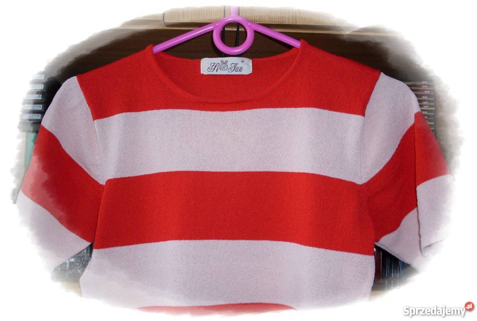 BLUZKA W CZERWONO JASNORÓŻOWE PASY R38 Łódź