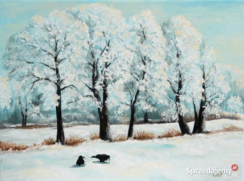 Obraz olejny Pejzaż zimowy z wronami biały Lublin