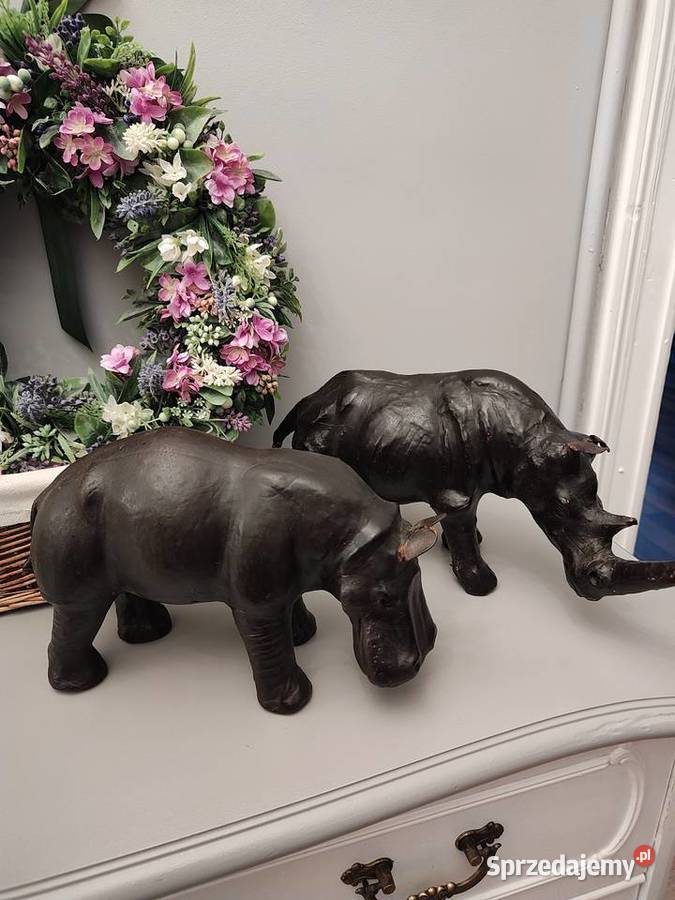 Skórzane figurki nosorożec i hipopotam vintage Legnica sprzedam