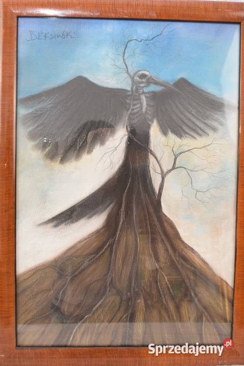 Beksiński Pastel na Kartonie Szkłem Stary Obraz