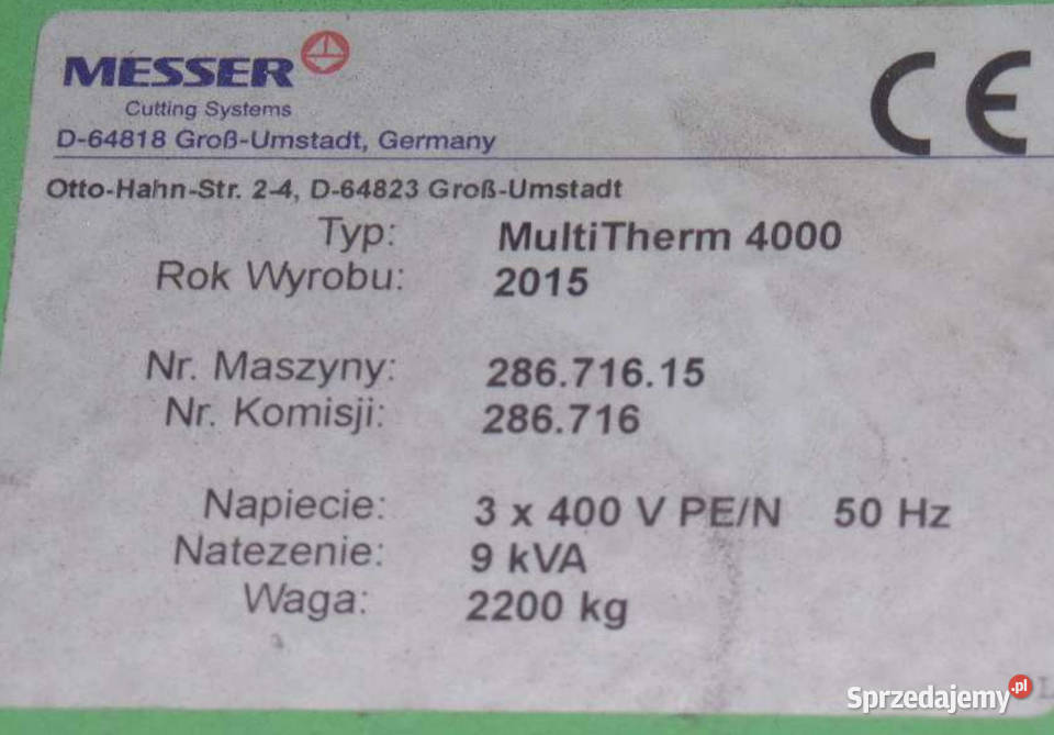 Przeciarka plazmowa PLAZMA MESSER MULTITHERM mazowieckie Nowe Miasto nad Pilicą
