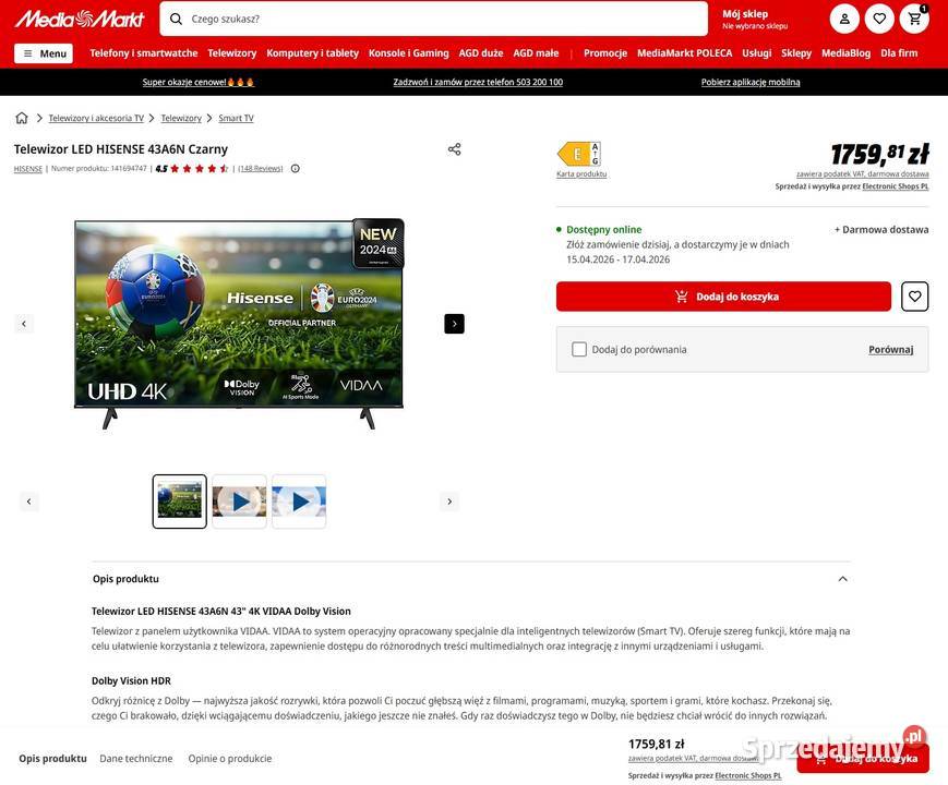 TV gwarancja 31032027 LED 4K HISENSE 43A6N 43 4K Libiąż