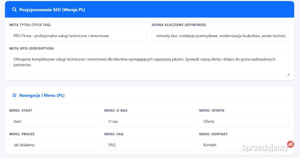 Szybki CMS Landing Page SEO Zero baz danych