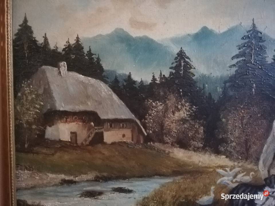 Piękna scena rodzajowa olejna sygnowana w ramie Łódź sprzedam