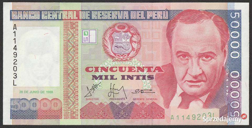 PERU 50 000 INTIS 1988 DE LA TORRE STAN BANKOWY Łódź