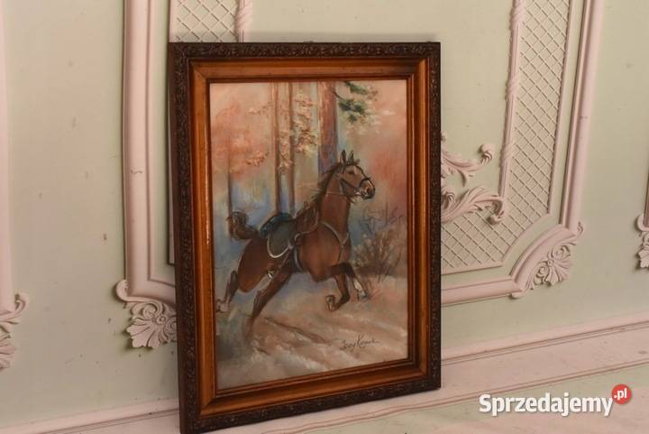 Jerzy Kossak Koń Pędzący Las Obraz Pastel Szkłem Kraków sprzedam