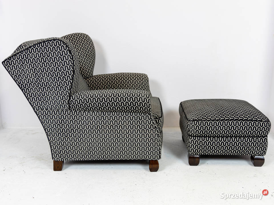 Klubowy fotel uszak z podnóżkiem lata 30 Polska Swarzędz sprzedam