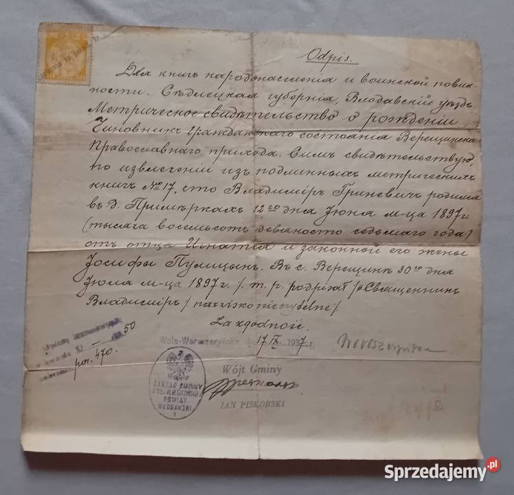 Odpis aktu urodzenia wydany gminę Wola Koźminek