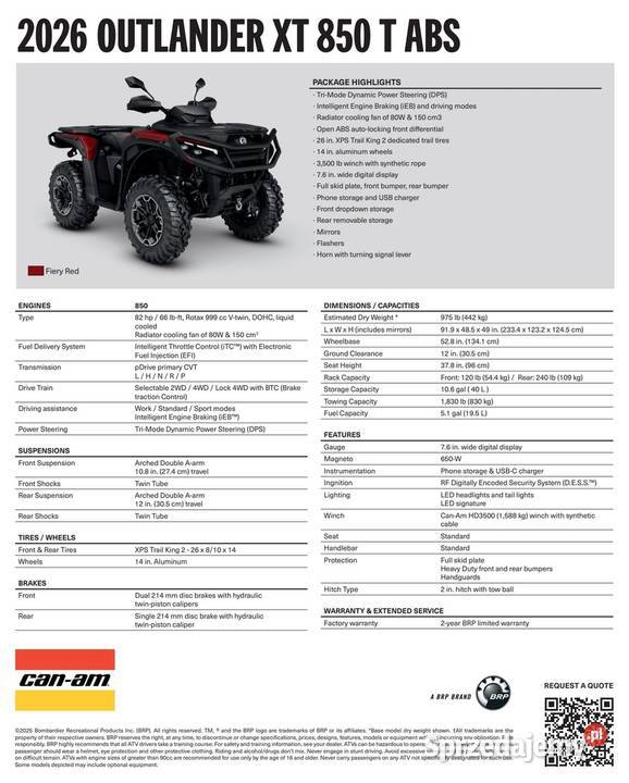 QUAD CanAm Outlander XT 850 T ABS Fiery Red T3b Can-Am Nowy Sącz