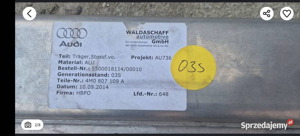 Belka zderzaka przód 4MO Audi Q7 Q8 SQ7 SQ8 RSQ8 podkarpackie