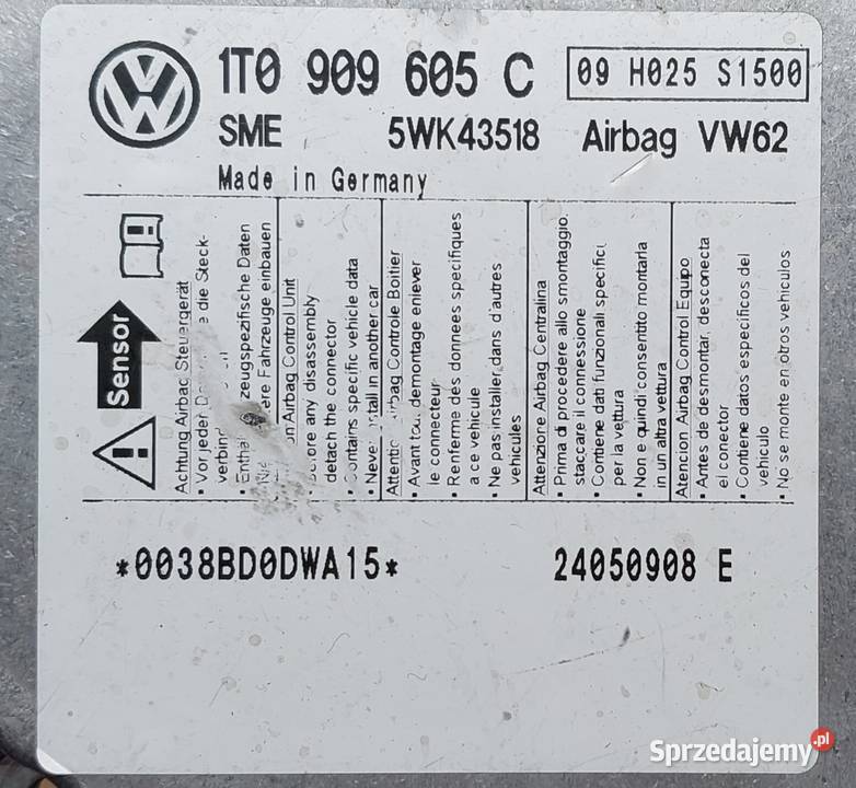 SENSOR MODUŁ AIRBAG VW TOURAN I 1T0909605C osobowe dolnośląskie Mielęcin