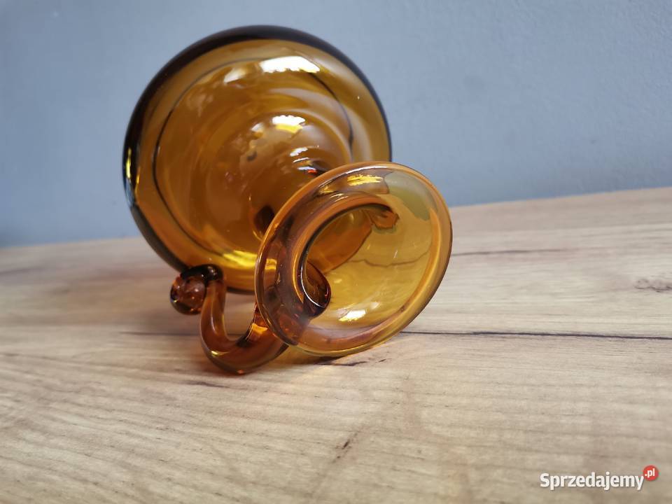 Stary świecznik kaganek szkło miodowe design PRL śląskie