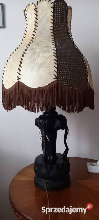 Drewniana rzeźbiona lampa Trzy słonie skórzany Antyki łódzkie Skierniewice