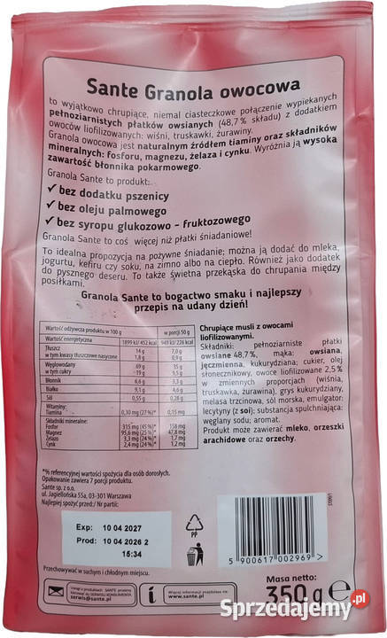 Granola z owocami truskawka żurawina wiśnia 350g Płatki i muesli