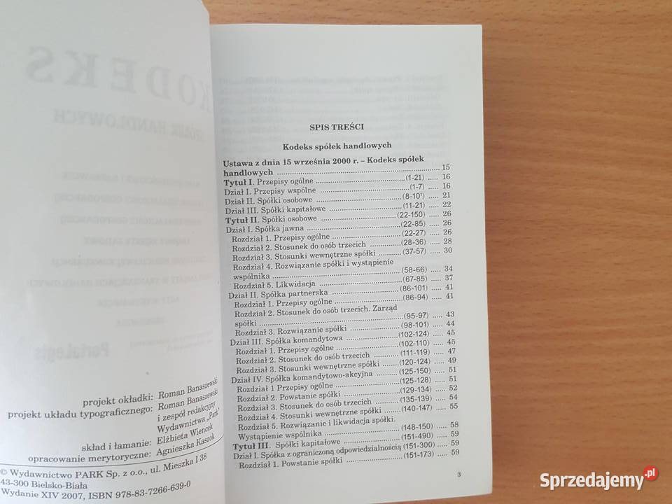 KODEKS spółek handlowych ParkPrawo prawo biały ISBN 9788372666390 Książki naukowe i popularnonaukowe wielkopolskie Złotniki