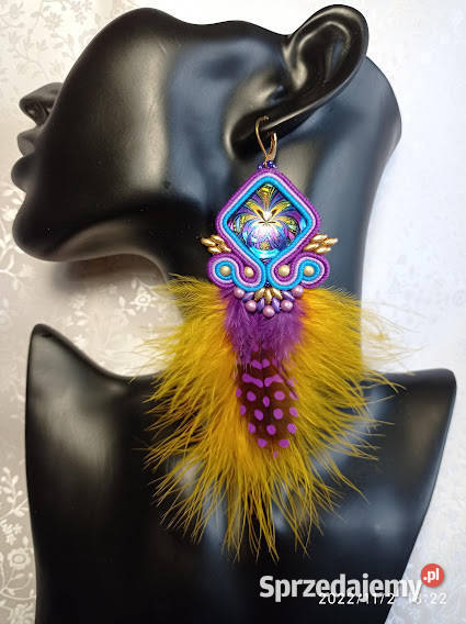 KOLCZYKI Z PIÓRAMI żółtofioletowe SUTASZ Kolczyki mazowieckie Warszawa