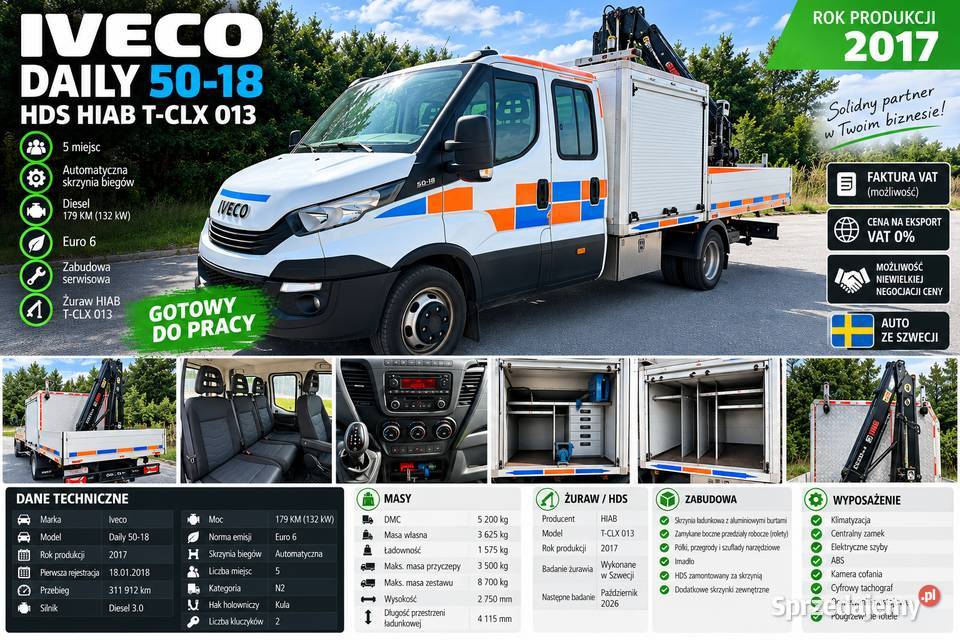 Iveco Daily 5018 z 2017 roku wyposażone w żuraw Iveco Tarnów