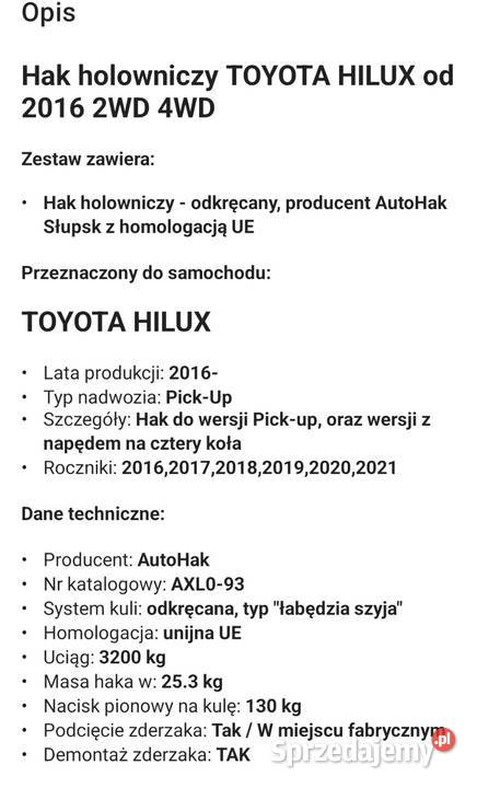 Hak holowniczy toyota hilux 2016 łódzkie