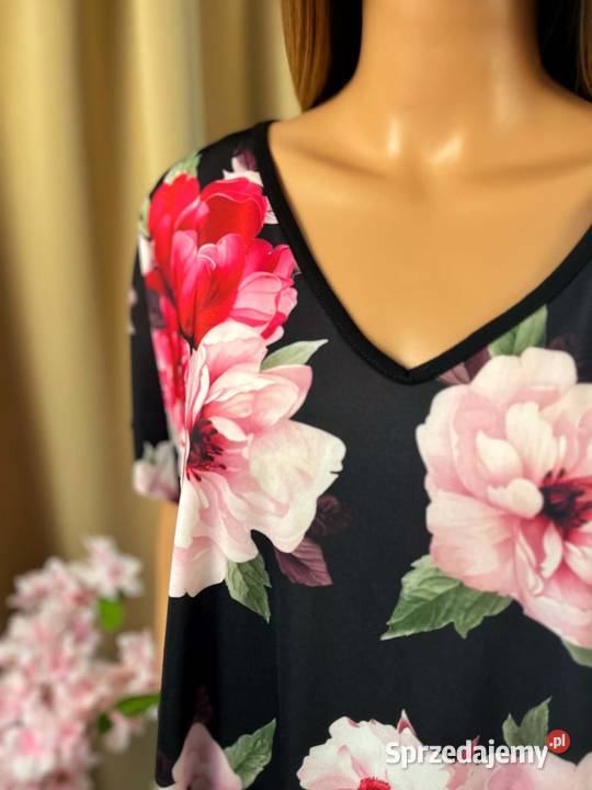 Czarna tunika plus size kwiaty oversize 5XL 50 Augustówka
