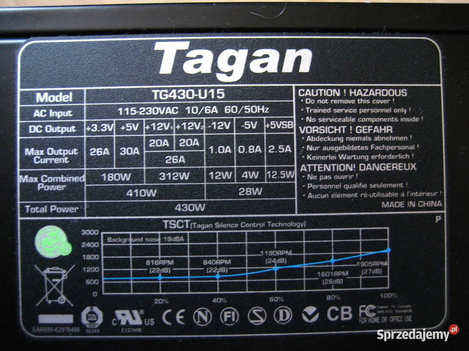 Zasilacz komputerowy TAGAN TG430U15 Uszkodzony Midi Tower Kielce