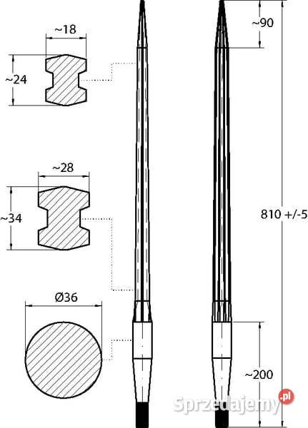 Ząb ładowacza prosty profil podwójne T 36x810 mm Kamionna