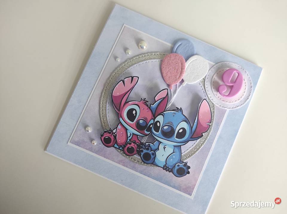 Kartka ręcznie robiona na urodziny Stich i Angel Rękodzieło Łódź sprzedam