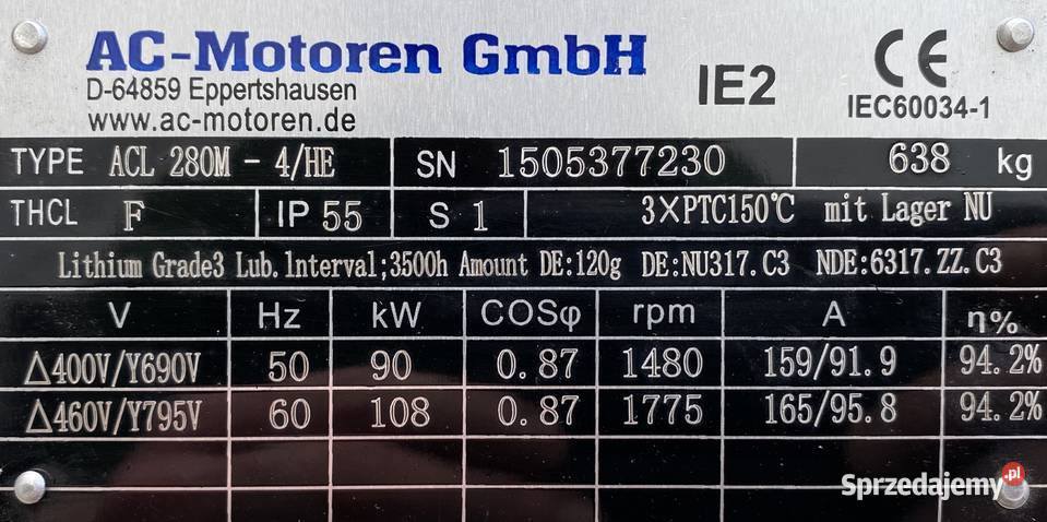 silnik elektryczny 90kW 1480obr 3fazowy 280B3 Pigża