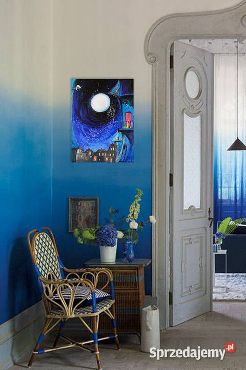 Niebieska noc obraz akrylowy noc miasteczko koty Katowice sprzedam