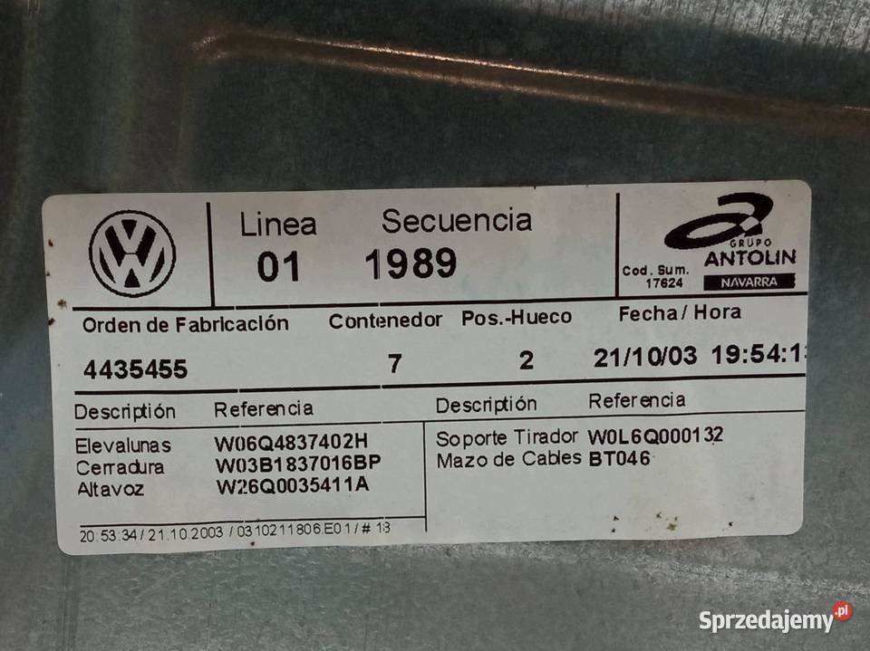 MECHANIZM SZYBY PRAWY PRZÓD 6Q2959801A VW