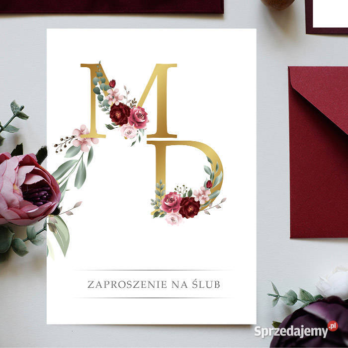 Zaproszenia ślubne Boho Bordo Inicjały Siedlce