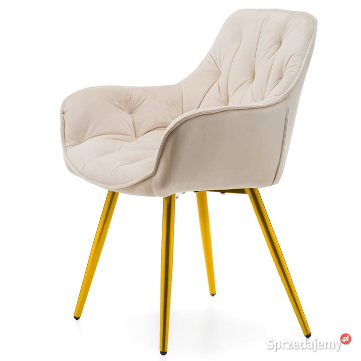 Beżowe Krzesło Tapicerowane Siena Złote Nogi Tarchały Małe