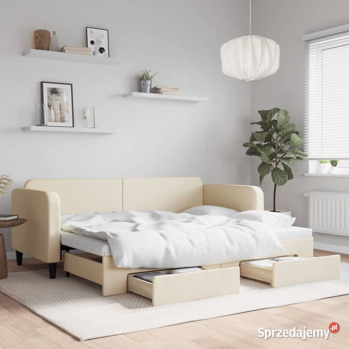 Sofa rozsuwana z szufladami kremowa tkanina
